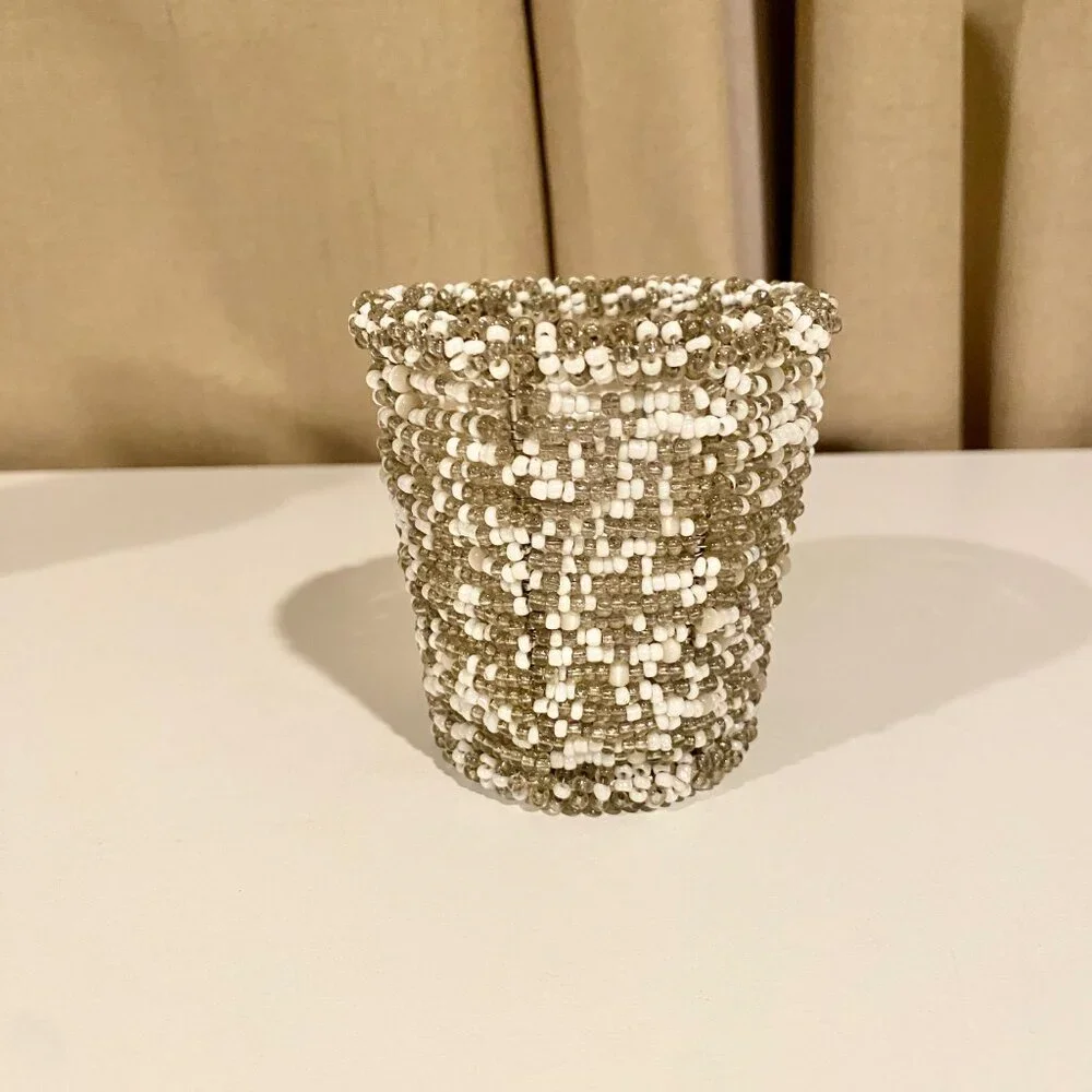 Vintage Glass Beaded Votive‎ Candle or Tea Light Holder with Seed Beading, 3